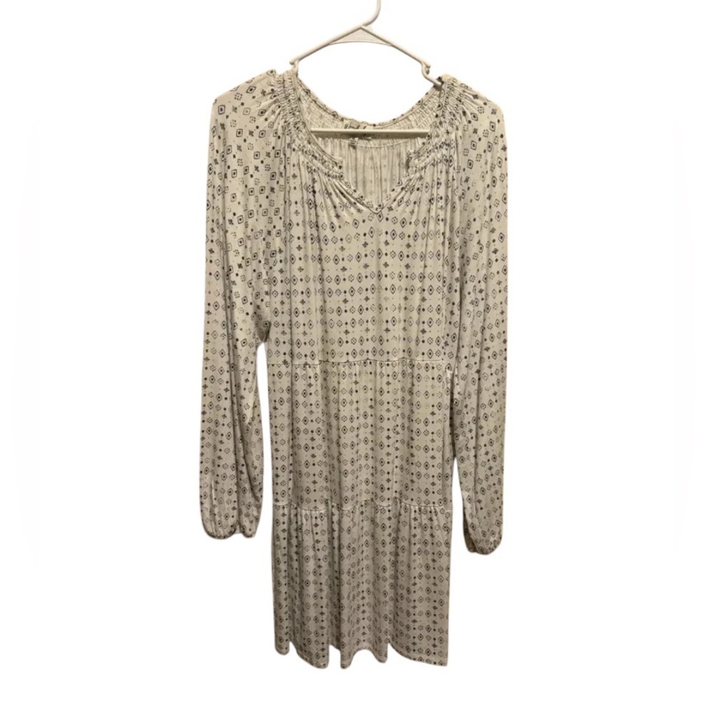Wonderly White Blue Design Julianna Crepe Tiered Long Sleeve Dress Sz XL